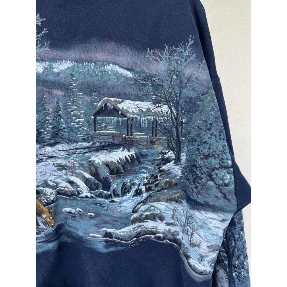 VTG 90's Art Unlimited Winter Wonderland AOP Sweatshirt XL Deer Lake USA Cabin - Picture 11 of 13